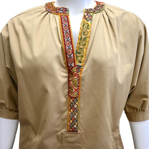 Etro Tunic Dress Size IT 42 US 8 Tan Embroidered Neck Midi Length Short Sleeve - Picture 6 of 9